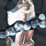 Collage waarin je een vrouw in jurk ziet lopen met een band met zes aardbollen over haar heen.